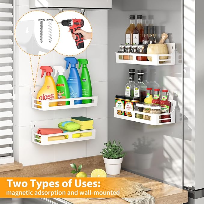 Magnetic Spice Rack for Refrigerator, 4 Pack Premium Plastic Spice Rack Organizer,Magnetic Fridge Shelf Seasoning Rack,Perfect Kitchen Organization and Storage (White)