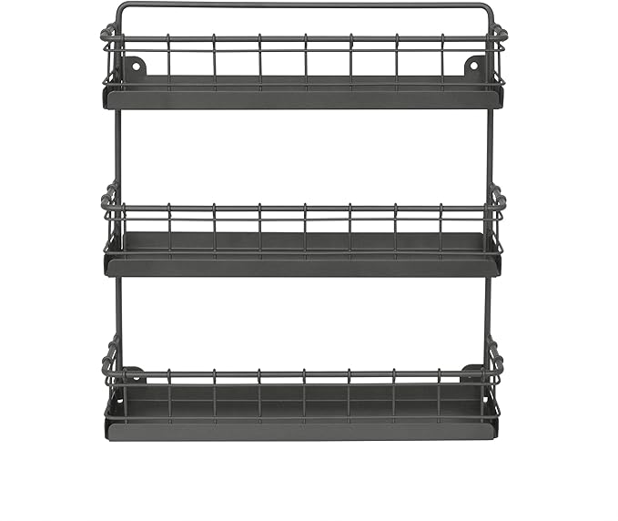 Spectrum Diversified Storage for Kitchen, Pantry, Cabinet, Industrial Gray Vintage Wall-Mount 3-Tier Spice Rack, Large