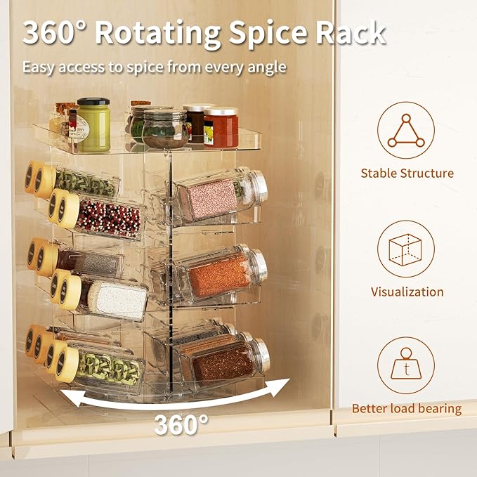 Revolving Spice Rack Organizer for Cabinet, DIY Adjustable 8 Tier Clear Rotating Spice Shelf Countertop, Space Saving Lazy Susan Seasoning Organizer for Kitchen, Pantry Cupboard Storage Turntable