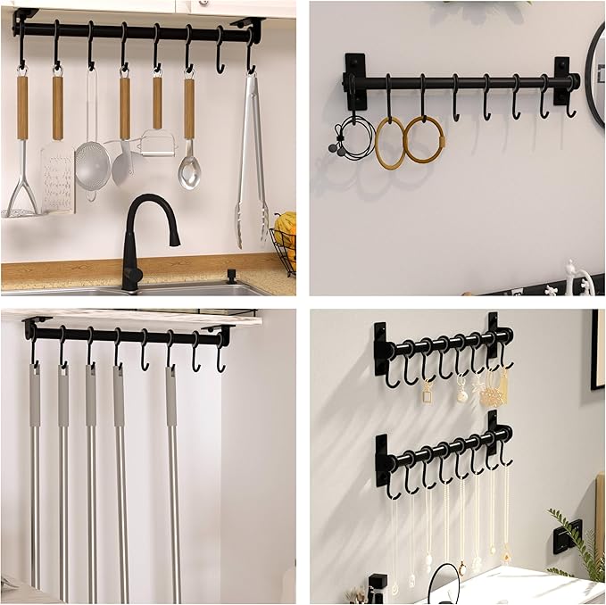 Dseap Kitchen Hooks for Hanging Utensils, Hanging Pot Rack, Kitchen Utensil Hanger Rail with 8 Hooks for Pots Pans, Spoons, Mugs, Wall Mounted, Stainless Steel, Black, Pack of 2