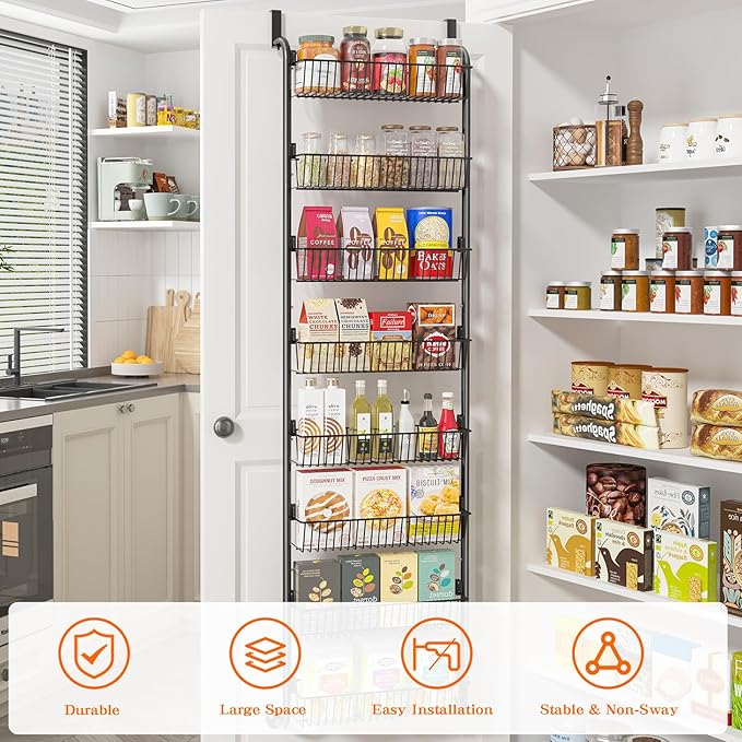 Over the Door Pantry Organizers and Storage, 8-Tier Spice Rack, Home & Kitchen Storage Shelves for Cabinet, Large Capacity Hanging Seasoning Organizer, Laundry Room Organization, Black
