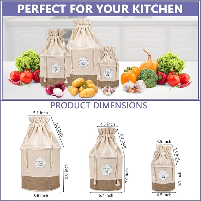 Meraki Home Potato Onion Garlic Storage Containers - Farmhouse Kitchen Storage Organization Pots - Sustainable Jute Cotton Vegetable Baskets Bins - Drawstring Holder