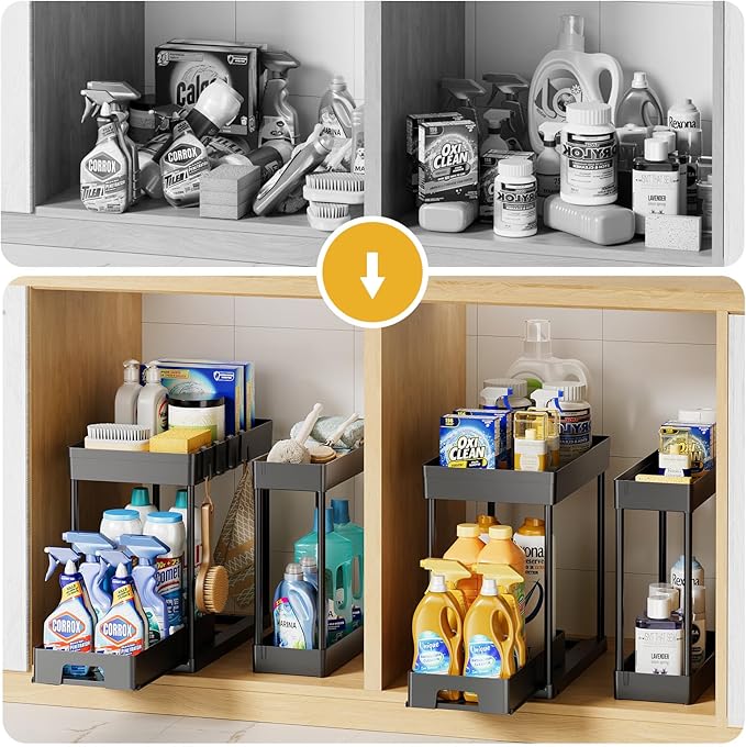 Delamu 4 Pack Under Sink Organizers and Storage, 2 Tier Black Bathroom Cabinet Organizer, Multi-Use Kitchen Bathroom Organizers and Storage