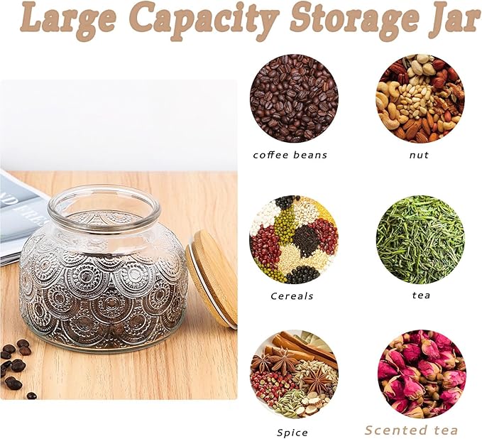 25oz Vintage Glass Jar with Lid, Embossed Glass Canister with Airtight Wooden Lid, Stackable Design for Kitchen Storage – Ideal for Coffee, Tea, Sugar, Flour, Cookies, and Grains