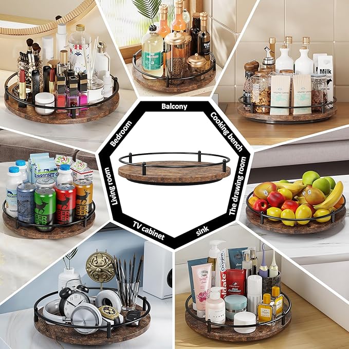 Lazy Susan Organizer:9 Inch Rotating Spice Rack for Kitchen Countertop Round Wooden Turntable Holder for Cabinet, Dining Table, Cupboard Storage – Black