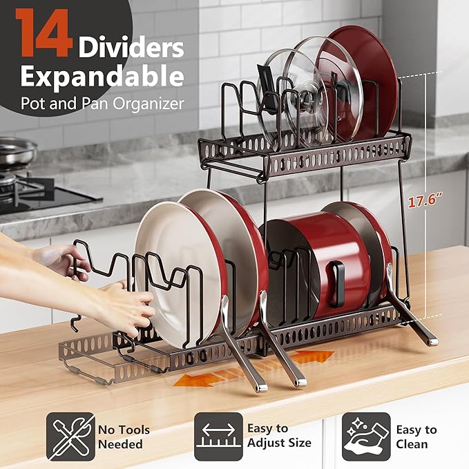 3 Pack Expandable Pan Organizer for Cabinet,Pot Lid Holder Rack with 14 Adjustable Compartment for Kitchen Cabinet Cookware Baking Frying Rack (Bronze)