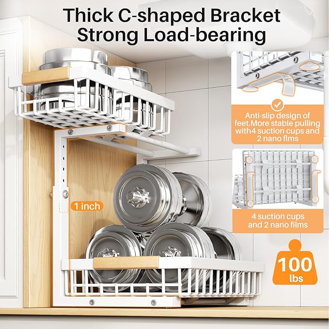PXRACK 2 Pack Under Sink Organizer,Adjustable Height,2 Tier Pull Out Under Cabinet Organizer,Slide Out Thickened Metal Under Sink Storage for Kitchen Bathroom Laundry Cabinet Pantry,White(S)