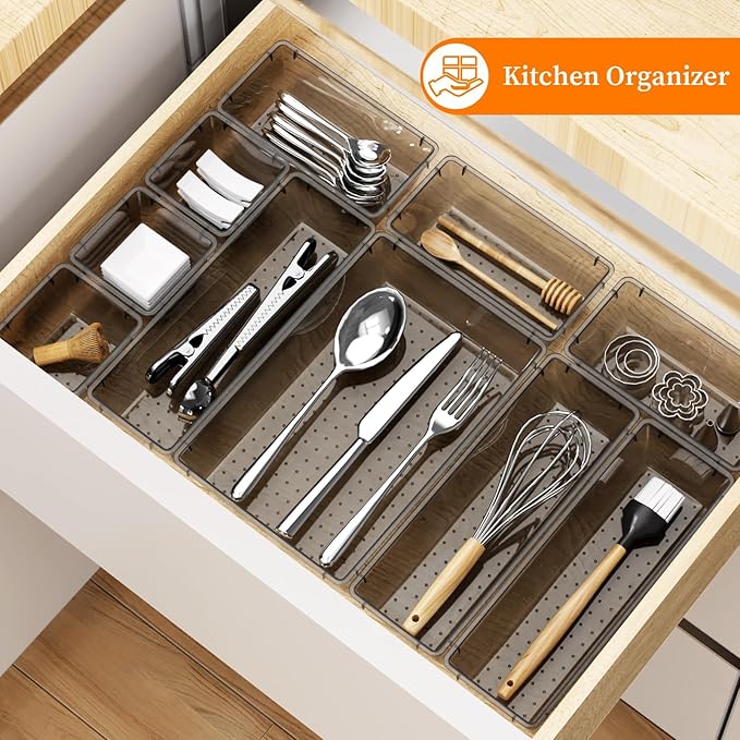 32 PCS Clear Plastic Drawer Organizer Set, 4-Size vanity organizer Trays and Storage Bins for Makeup, Jewelry and Gadgets in Bedroom, Bathroom and Office, Clear Black