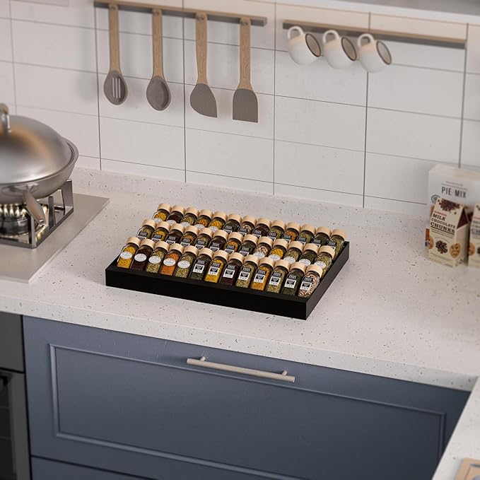 Expandable Metal Spice Drawer Organizer,3-Tier Slanted Seasoning Jars Tray for Kitchen Cabinet Drawers Insert/Countertop (Jars not included)-3Tier,1pack/Black