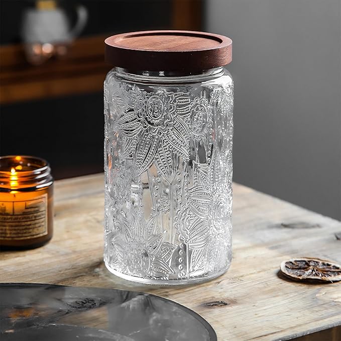 Glass Storage Jars With Airtight Lid, 35oz Container For Kitchen Counter with Wooden Lid, brown sugar, candy, coffee, cookie, salt, tea, cute Jar (35oz Large Sunflower)