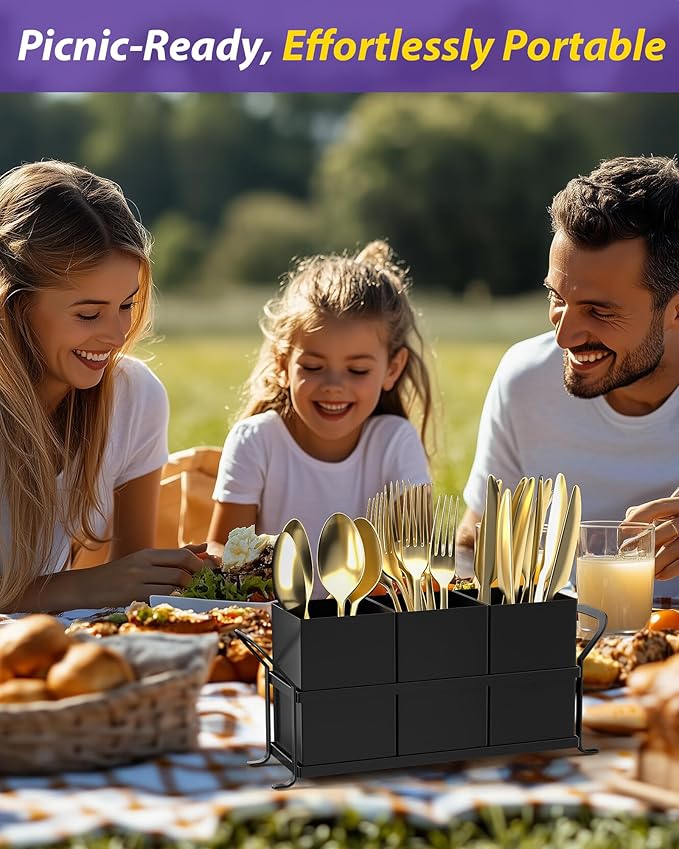 Silverware Caddy for Party - Black Utensil Holder for Kitchen Counter, Compact Metal Organizer for Flatware, Cutlery, Spoons, Forks, and Knives, Cute Small Farmhouse Container for Countertop