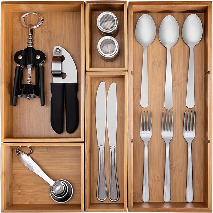 Seville Classics Bamboo Premium Organizer Storage Bins for Kitchen Silverware, Pantry, Closet, Office Desk, Pens, Utensils, Makeup, K Cup, Bamboo, Bin Set w/Dividers (5 Piece)