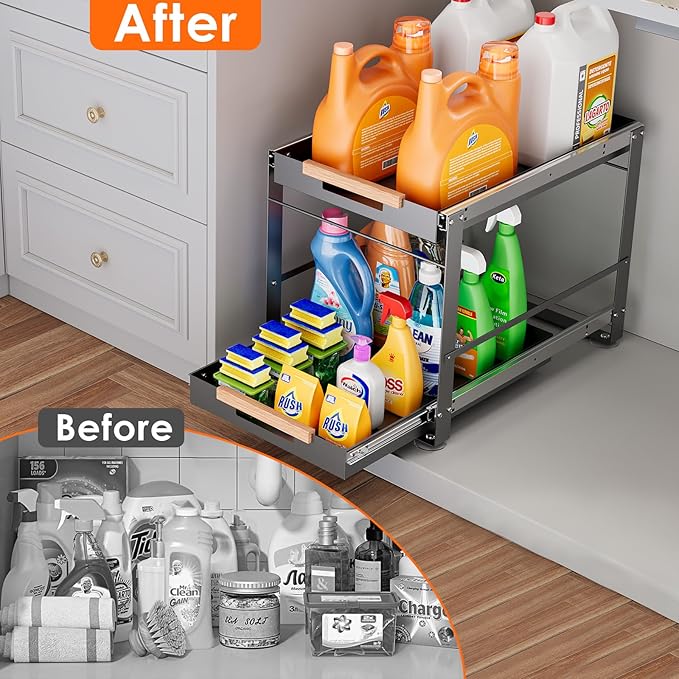 Under Sink Organizer, Pull Out Cabinet Organizer 2 Tier Slide Out Sink Shelf Cabinet Storage Metal Shelves, Sliding Under Sink Storage for Kitchen Bathroom Laundry Cabinet, Grey, 1 Pack (Gray)