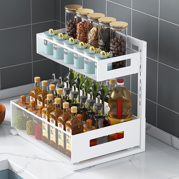 Pull-out Under Kitchen Sink Organizer, Metal Functional Under Sink Organizer, Height Adjustable Under Bathroom Sink Organizer, Under Sink Storage for Kitchen Bathroom Cabinet (White)