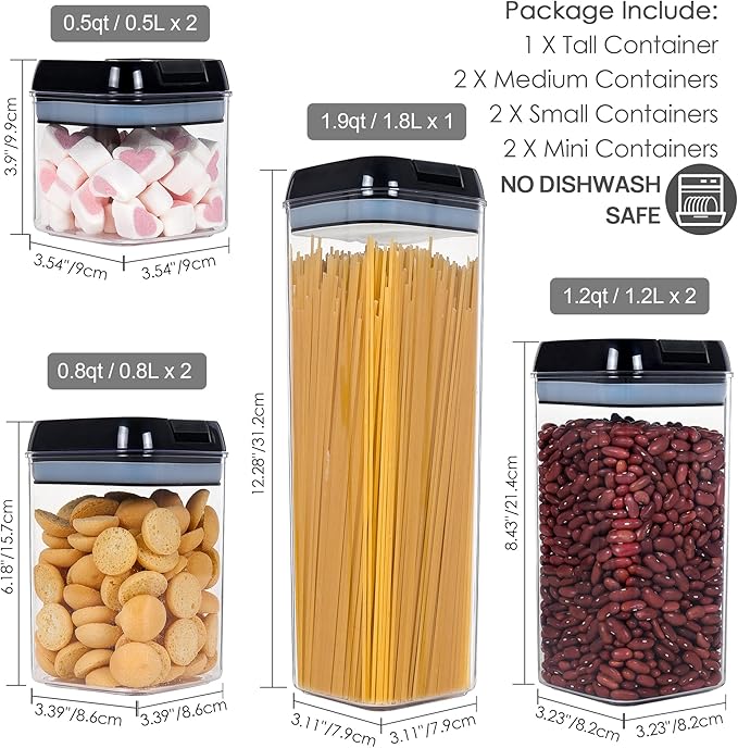Vtopmart Airtight Food Storage Containers, 7 Pieces BPA Free Plastic Cereal Organizer Canisters with Easy Lock Lids, for Kitchen Pantry Organization, 24 Labels, Black