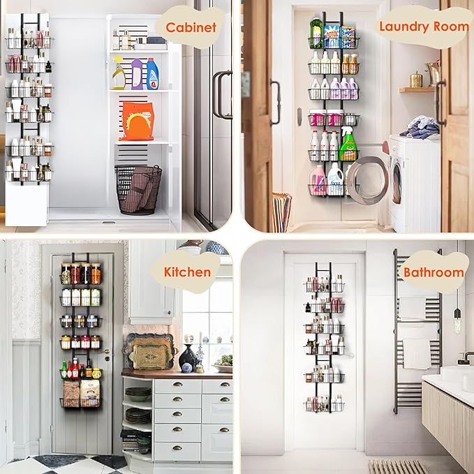 LUXEAR Over the Door Pantry Organizer, 6-Tier Adjustable Over the Door Hanging Spice Rack, No-Assembly Foldable Metal Over the Door Organizer for Kitchen, Home, Laundry Room, Bathroom