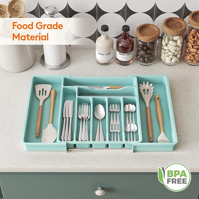 Lifewit Silverware Drawer Organizer, Expandable Utensil Organizer for Kitchen Drawers, Adjustable Cutlery and Flatware Tray, Plastic Spoons Forks Knives Holder Storage Dividers, Large, Turquoise