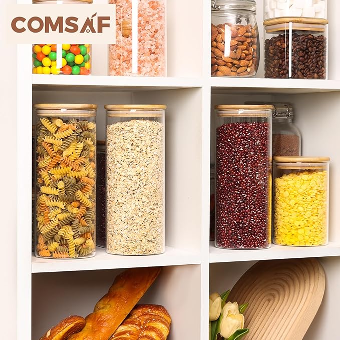 ComSaf 56oz Glass Storage Containers with Lids, Glass Jars with Lids, Clear Food Storage Jar, Round Canister Set of 3, Pantry Organizers for Pasta Flour Cookie Rice Tea Coffee Bean