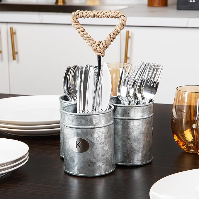 Mind Reader Utensil Holder, Silverware Organizer, Caddy, Cutlery Holder, Galvanized Metal, 7" L x 7" W x 10" H, Silver