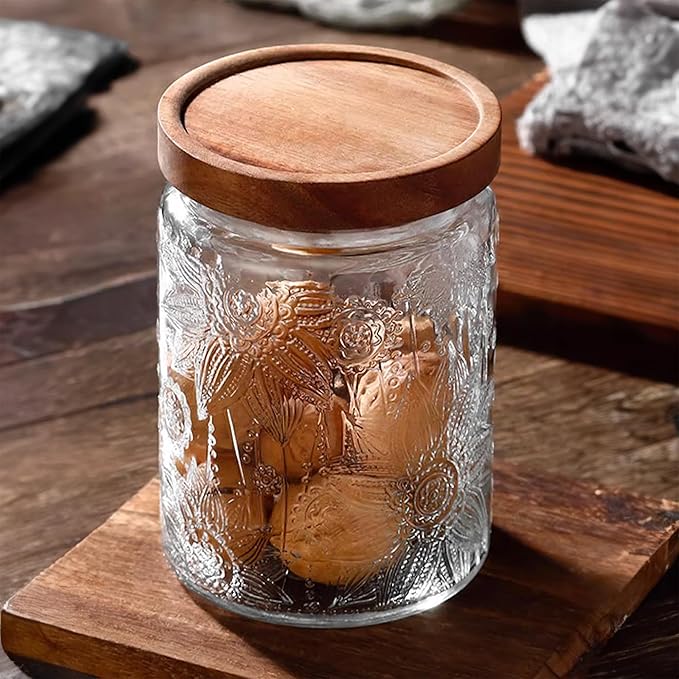 Glass Storage Jars With Airtight Lid, 23.7oz Container For Kitchen Counter with Wooden Lid, brown sugar, candy, coffee, cookie, salt, tea, cute Jar (Sunflower*2)