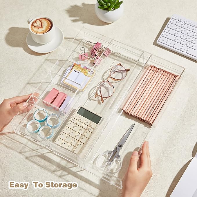 1 Pc Acrylic Desk Drawer Organizer Maximum Expandable Drawer Organizer Trays with 8 Adjustable Compartments Desk Accessories for Makeup Silverware Office Bathroom(Clear,Stylish)