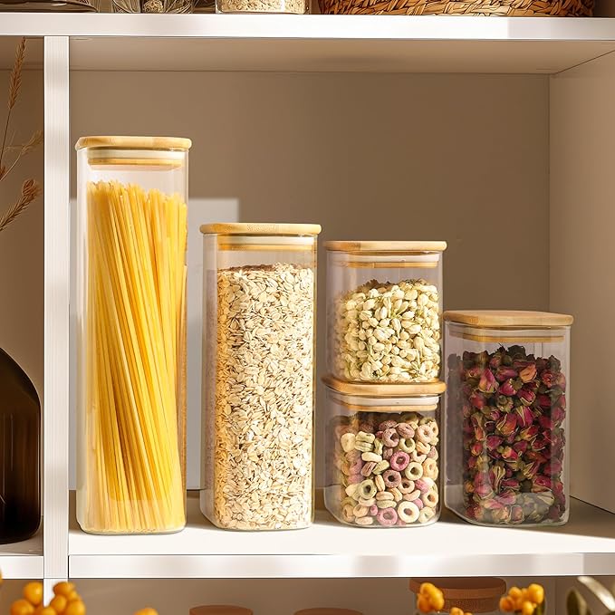 ComSaf 37oz Rectangle Glass Storage Containers with Lids, Glass Jars with Bamboo Lids, Clear Food Storage Jar, Sugar Coffee Containers, Pantry Container for Pasta Tea Candy Nut