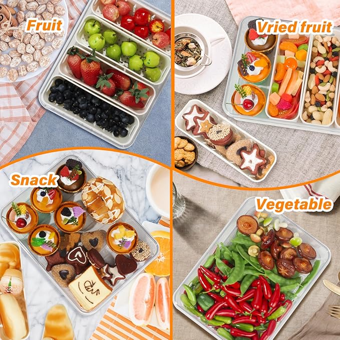2 Pcs Portable Picnic Parties Fruit Tray, Fridge Food Veggie Condiment Divided Serving Preservation Storage Containers, Kitchen Clear Snackle Box Candy Organizer with Lid Handle