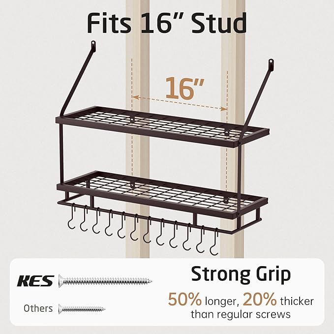 KES 30-Inch Oiled Bronze Pot Rack Wall Mounted, 2-Tier Hanging Pot and Pan Organizer with 12 Sturdy Hooks, Kitchen Wall Hanger Shelves Farmhouse Style, KUR215S75B-OB