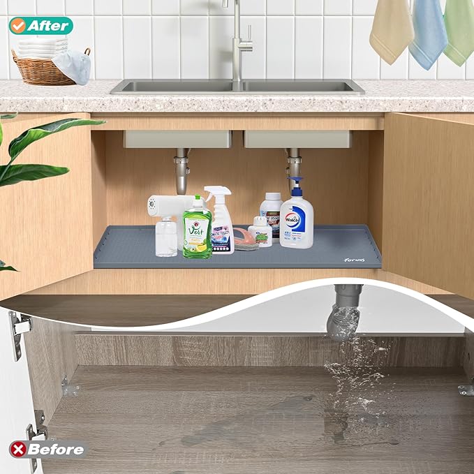 Waterproof Under Sink Mat 31" x 22", Silicone Cabinet Liner, Rubber Protector for Kitchen and Bathroom, Keeps Cabinets Clean, Dry, and Organized (Grey)