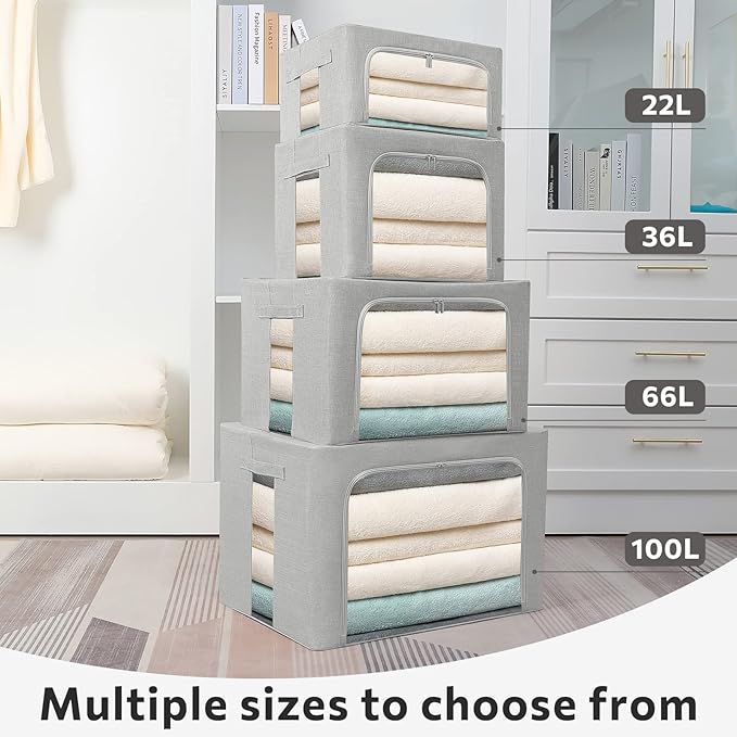 2 Pack Clothes Storage Bins Stackable Metal Frame Storage Box Foldable Linen Fabric Organizer with Carrying Handles and Clear Window (Light Gray, 15.7x 11.8x 7.8Inch)