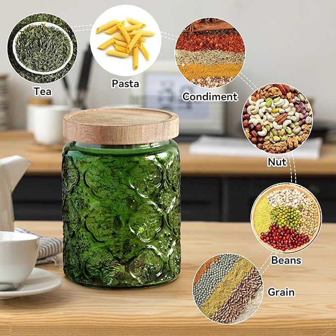 Vintage Glass Jar with Lid,Cookie Candy Jar Coffee Canister Food Storage Containers Storage Jar Set for Kitchen Office (Green birchapple flowers - acacia)
