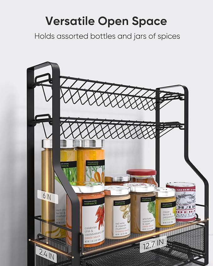 ULG Spice Rack Organizer for Countertop, 4 Tier Seasoning Organizer with Drawer, Spice Rack for Countertop, Cabinet, Spice Organizer for Pantry, Kitchen, Black