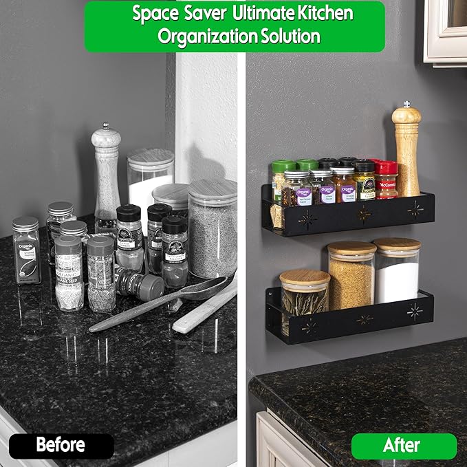 LRAE 2 Pack Magnetic Spice Rack for Refrigerator, Metal Fridge Shelf Kitchen Organization, Spice Magnetic Rack, Strong Magnet Seasoning Rack for Kitchen and Classroom Organizer, Black