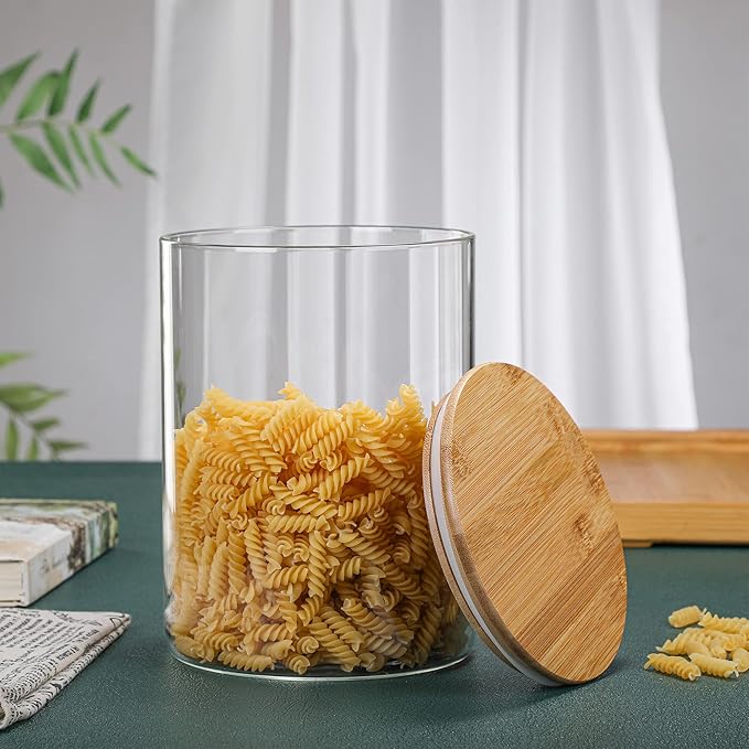 2 Sets 3000 ML/100 FL OZ Clear Glass Storage Canister Holder with Airtight Bamboo Lid, Extra Large Container Jar for Flour Sugar Coffee Loose Tea Rice Cookie Cereal Pasta Spaghetti Protein Powder