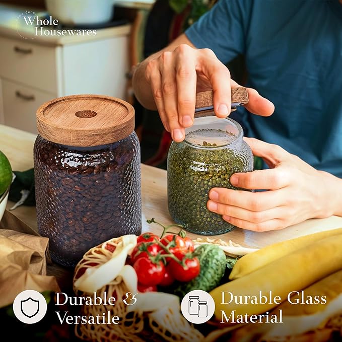 Whole Housewares Glass Jars with Lids - Set of 2 - Mason Jars - Borosilicate Glass Jar with Wooden Lid - Container for Sugar, Coffee, Tea - Decorative Canisters - Candy Jars with Lids (99oz & 77oz)