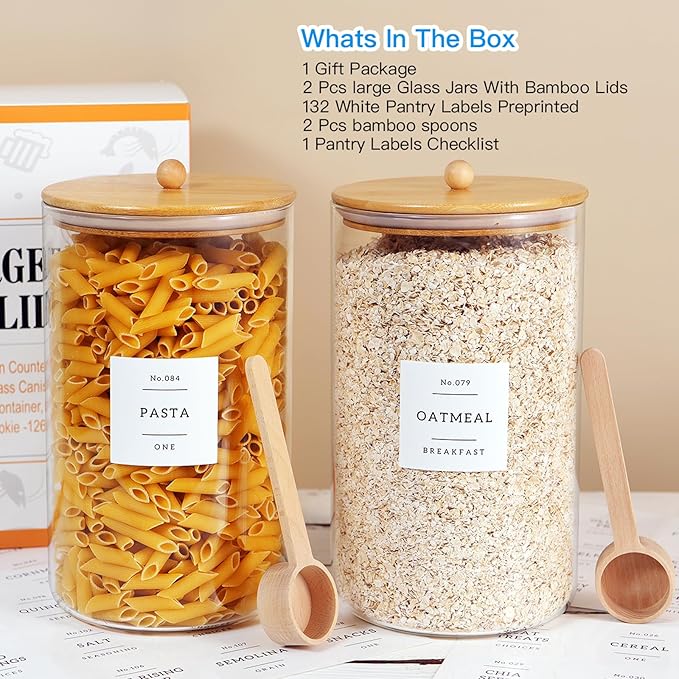 2 Pcs Large Jar with Lid for Kitchen Counter with 132 Pantry Labels and Spoon,Glass Canister Food Storage Container, Flour Container, Kitchen Storage Jars for Candy, Cookie (126oz X 2)