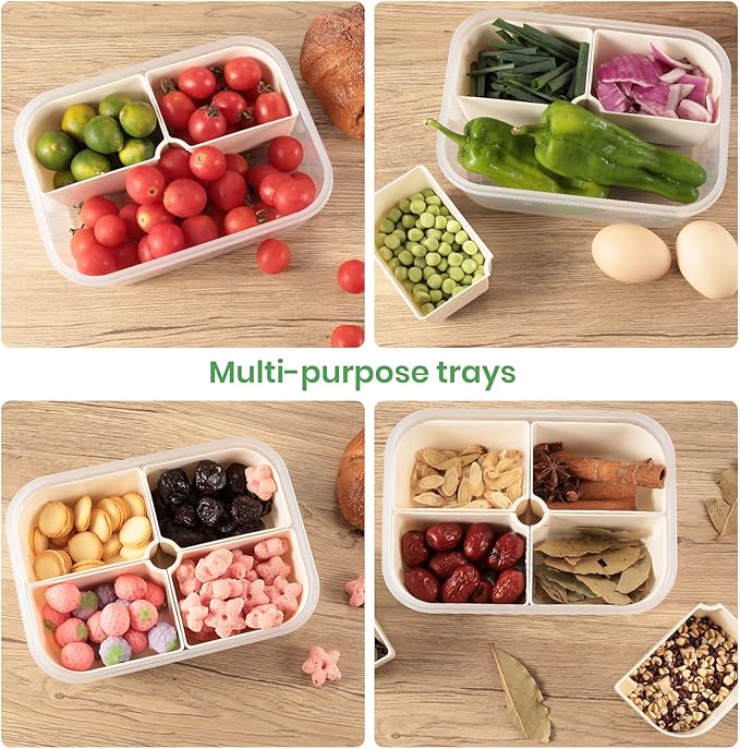 4Pcs Divided Serving Tray with Lid: Fruit Storage Containers for Fridge with 4 Removable Compartment, Storage Organizer for Snacks, Fruit, vegetables, Portable Snackle Box for Party, Travel, Picnics