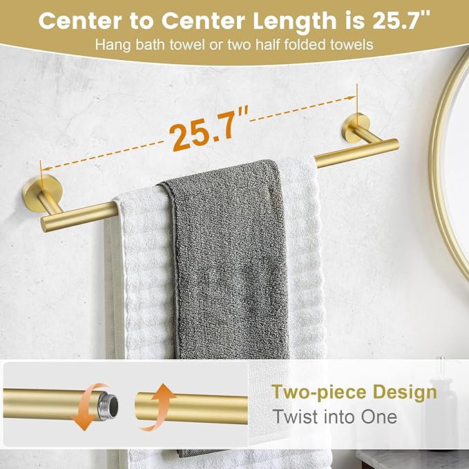 YACVCL 10 Pieces Bathroom Hardware Set Gold, 27.5 Inch Bathroom Towel Holder Set SUS304 Stainless Steel Towel Bar Set Wall Mounted Brushed Gold Bathroom Accessories Set