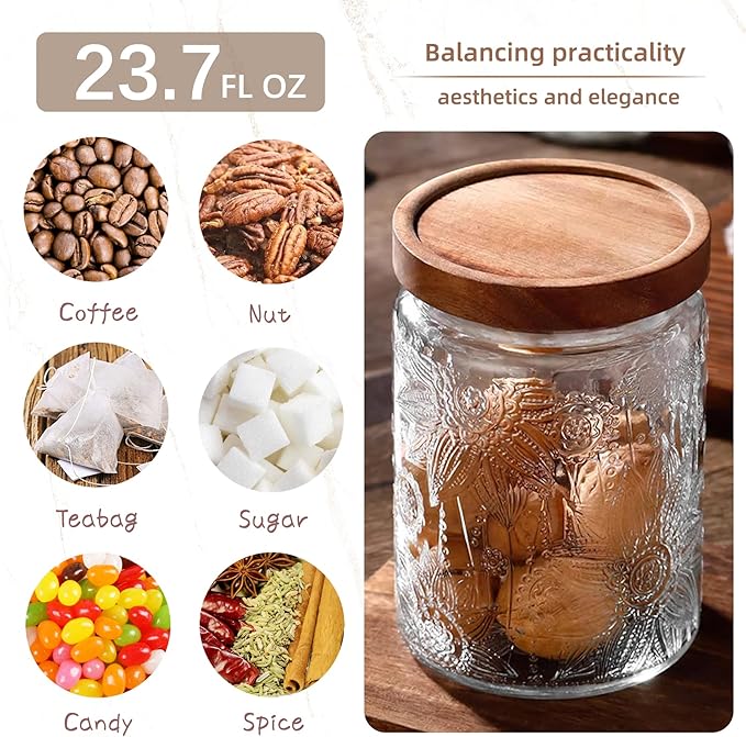Vintage Glass Jar with Wooden Lid, 23.7 fl oz - Airtight Decorative Food Storage Canisters for Kitchen Counter, Ideal for Candy, Sugar, Coffee, Cookies