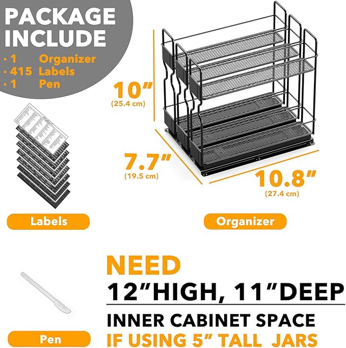 SpaceAid Pull Out Spice Rack Organizer, Heavy Duty Slide Out Seasoning Kitchen Organizer, Cabinet Organizer, with Labels, 7.7" W x10.75 D x10 H, 3 Drawers 2-Tier