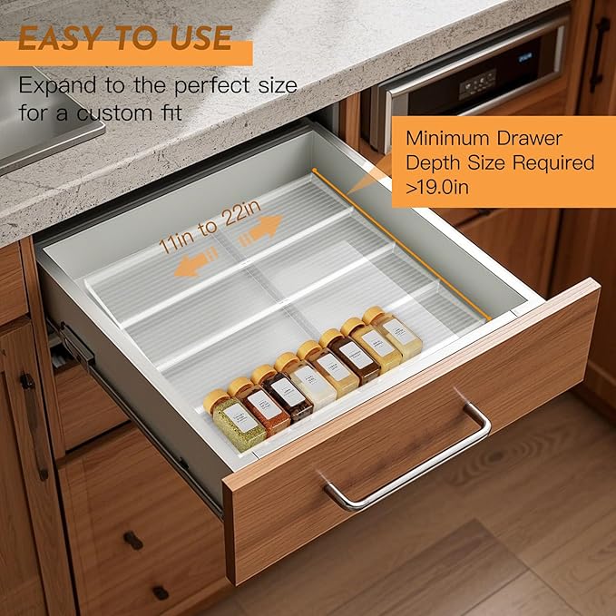 Spice Drawer Organizer, 4 Tier Clear Acrylic Drawer Seasoning Organizer Rack, Kitchen Seasoning Jars Drawers Insert, Expandable 11" to 22" Spice Rack Tray for Cabinet/Countertop (Jars Not Included)