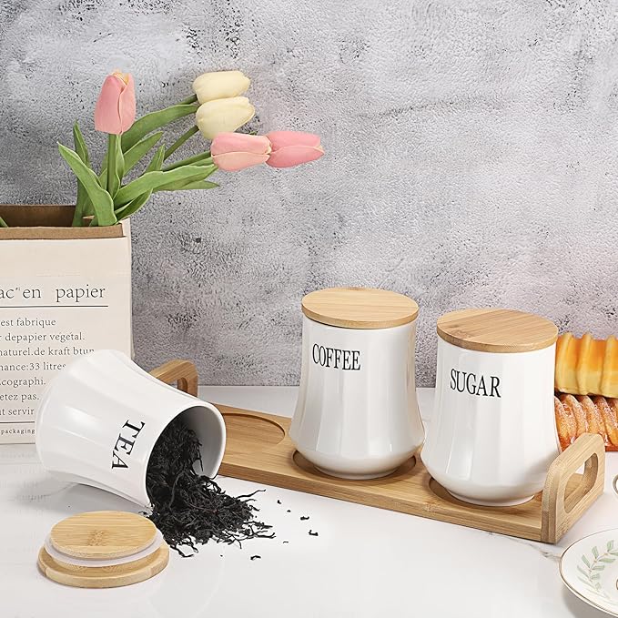 JUXYES Set of 3 Ceramic Canisters Set for Sugar Coffee Tea, Luxurious Storage Containers Sets with Serving Tray Decorative Storage Pots White Ceramic Storage Jar for Kitchen Counter Dining Room
