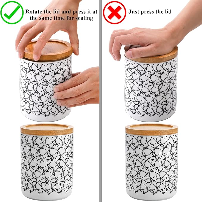 Yesland 3 Pack Kitchen Canisters Ceramic Food Storage Jar, 24 Fl Oz Round Canister Sets Coffee Canister with Airtight Lid for Ground Coffee, Sugar, Tea, Spices - Black Flower Pattern