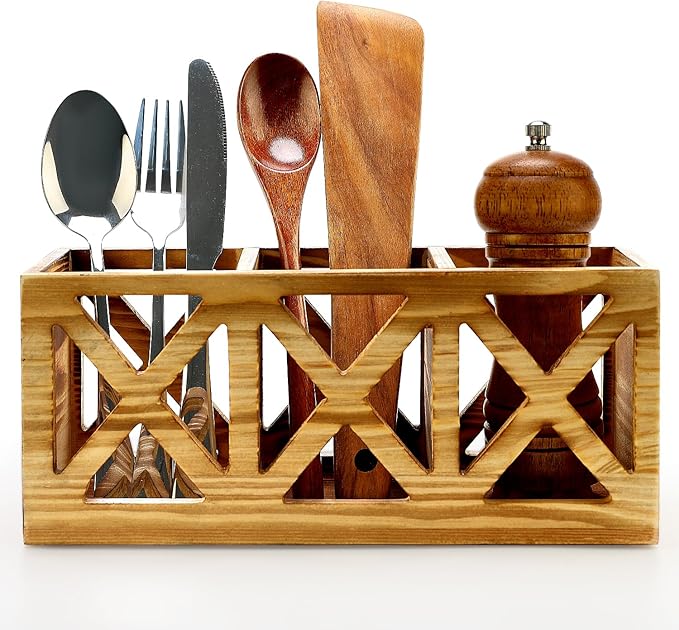 Wooden Cutlery Silverware Holder Flatware Caddy Wood Utensil Organizer for Kitchen Counter Decor Small Silverware Countertop Spoon and Fork Holder Table Utensil Caddy for Party Cutlery Basket
