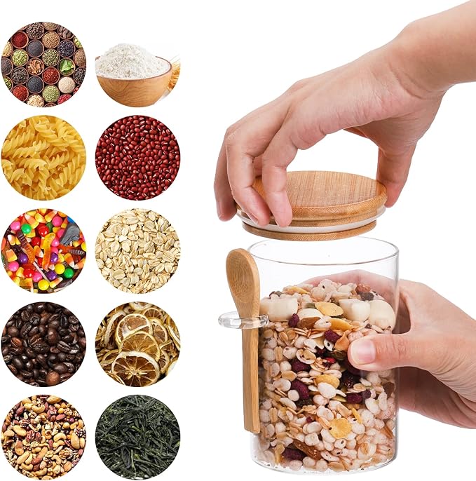 ZOOFOX 6 Pack Glass Jars with Airtight Lid and Spoon, Overnight Oats Container, 17 oz Clear Kitchen Container for Candy, Cookie, Coffee Beans, Snacks, Spices, Dry Goods