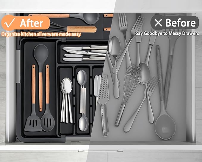 Silverware Organizer Expandable Kitchen Utensil Drawer Organizer Large BPA Free Adjustable Cutlery Silverware Tray for Spoons Forks Knives Storage Divider for Kitchen Flatware 6-9 Slots Black