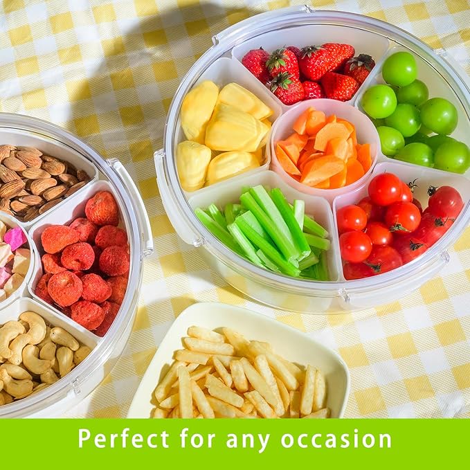 2 Pack Veggie Tray with Lid for Fridge, Clear Divided Serving Tray with Dip Snackle Box Container 6-Compartment Snack Storage for Party, Reusable Dinner Fruit Platter for Refrigerator Organizer Bins