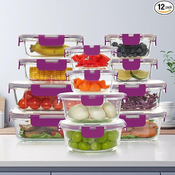 UMEIED 12 PACK Glass Food Storage Containers with Leak Proof Lids, Glass Airtight Meal Prep Containers Set for Lunch, On the Go, Leftover, Kitchen Pantry Organizers and Storage (Purple)