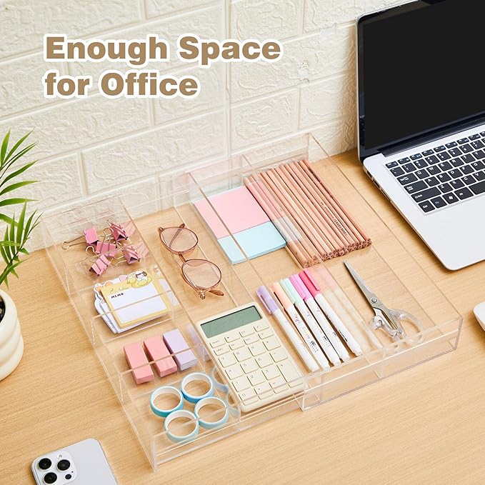 1 Pc Acrylic Desk Drawer Organizer Maximum Expandable Drawer Organizer Trays with 8 Adjustable Compartments Desk Accessories for Makeup Silverware Office Bathroom(Clear,Stylish)