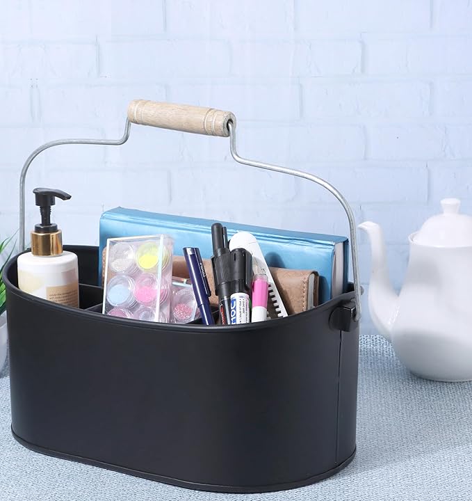 Alpha Living Home - Wooden Utensil Holder for Kitchen, Rustic Silverware Caddy with Handle – Galvanized Flatware Organizer for Forks, Spoons, Knives, Picnic, Countertop & Dining Table – Jet Black